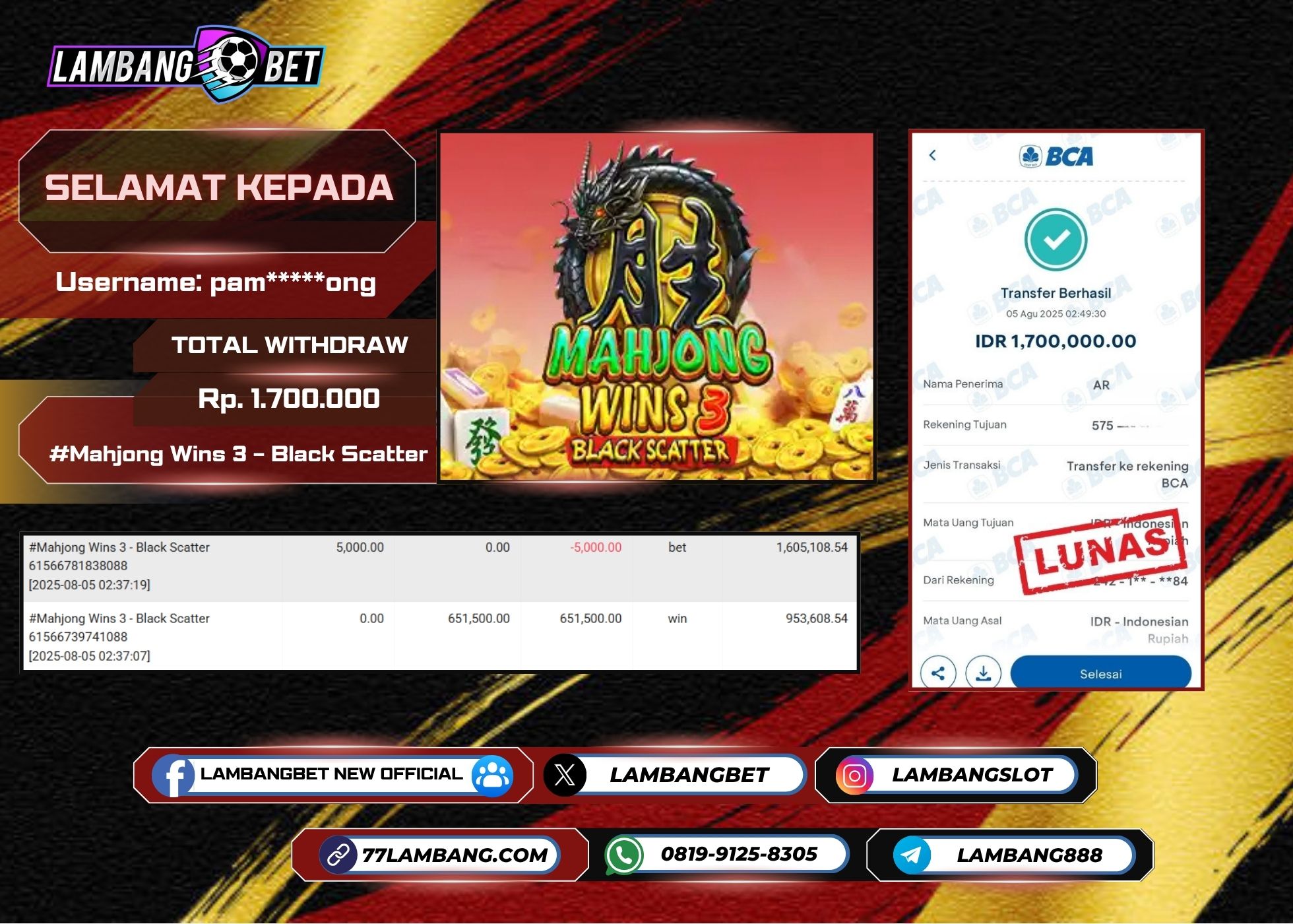 LAMBANGBET [5 AUGUST 2025] JACKPOT SLOT Mahjong Wins 3 - Black Scatter "Rp1.700.000" LUNAS